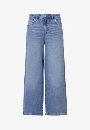 Helle blaue Denim-Hose im weit geschnittenen Stil mit hoher Taille, ausgestattet mit einem Frontknopfverschluss, zwei Seitentaschen und einem dezenten Verblassen.