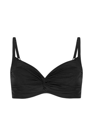 Czarny biustonosz bandeau z skręconym przednim wzorem, regulowanymi cienkimi ramiączkami i gładką teksturą. Posiada konstrukcję bez drutów dla większego komfortu.
