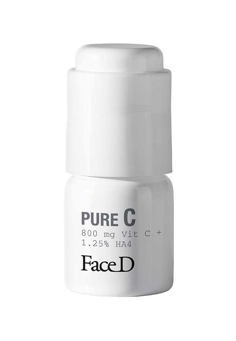 Bottiglia cilindrica bianca con finitura lucida. L'etichetta riporta "PURE C 800 mg Vit C + 1,25% HA4" in grigio. Presenta un tappo rotondo e piatto.