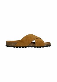 Bruine suède slide sandalen met een kruisdesign, kurken middenzool en een gestructureerde zwarte rubberen buitenzool. Voorzien van een platte hak.