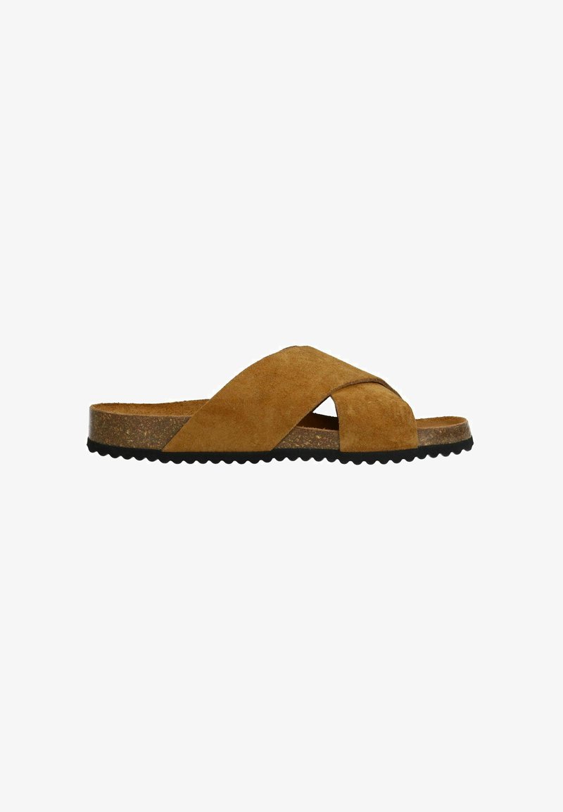 Bruine suède slide sandalen met een kruisdesign, kurken middenzool en een gestructureerde zwarte rubberen buitenzool. Voorzien van een platte hak.