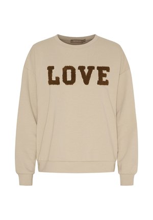 Beige langærmet sweatshirt med brunt, tekstureret "LOVE"-tekst tværs over brystet, rund halsudskæring samt ribstrikkede ærmeender og kant.