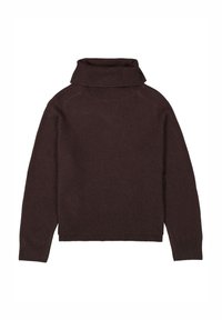 Brauner Rollkragenpullover mit geripptem Kragen und Ärmelbündchen. Weiche Textur, cropped Länge und nahtlose Schultern tragen zu seinem Design bei.