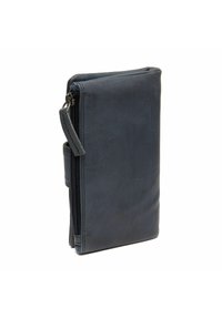 Leren portemonnee in donkerblauw met een ritsluiting. Heeft een gladde textuur en een slank ontwerp, met een zijklep voor gemakkelijk dragen.