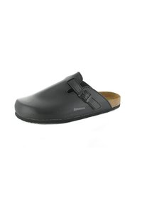 Schwarzer Leder-Clog mit einem geschnallten Riemen, geschwungenem Zehenbereich, Korkfußbett und einer strukturierten Sohle. Verfügt über ein dezentes Logodetail an der Seite.