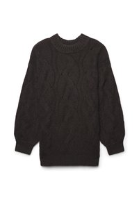 Dunkelbrauner gestrickter Pullover mit geripptem Rundhalsausschnitt, der ein strukturiertes Wellenmuster und lange, leicht gepuffte Ärmel aufweist.