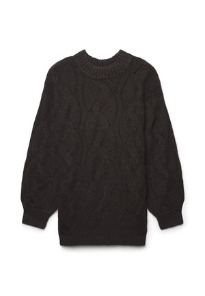 Dunkelbrauner gestrickter Pullover mit geripptem Rundhalsausschnitt, der ein strukturiertes Wellenmuster und lange, leicht gepuffte Ärmel aufweist.