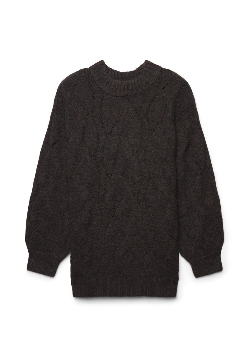 Dunkelbrauner gestrickter Pullover mit geripptem Rundhalsausschnitt, der ein strukturiertes Wellenmuster und lange, leicht gepuffte Ärmel aufweist.