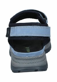 Marineblaue und hellblaue Sandalen mit verstellbaren Riemen, einer gepolsterten Sohle, einem strukturierten Fußbett und einer Gummisohle für besseren Halt.