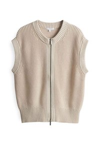 Beige virkade ärmlös cardigan med rund halsringning, fullängdsdragkedja, ribbad fåll och texturerat tygmönster.