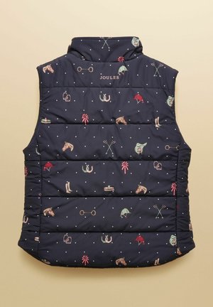 Dunkelblaue gesteppte Weste mit Reitsport-Motiven, darunter Hufeisen, Stiefel, Sättel und Reitgerte, auf der Rückseite mit dem Markenschriftzug "Joules".