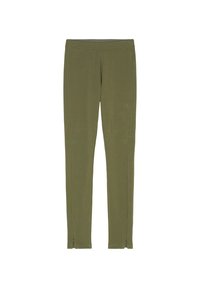 Olivgrön hög midja leggings tillverkade av ett mjukt material med en åtsittande design, utrustade med dragkedjor vid anklarna och diskreta sömdetaljer.