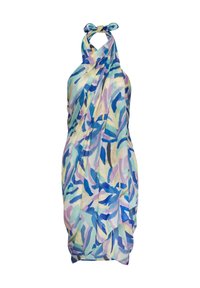 Halterneck jurk van lichtgewicht stof met een multikleurig abstract bladerenpatroon in blauwe, groene en paarse tinten.