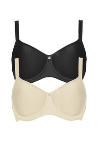 Zwei Bh's ausgestellt, einer schwarz und einer beige. Beide haben eine glatte Textur, vorgeformte Cups, verstellbare Träger und einen Frontverschluss mit einem Metalldetail.