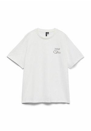 White cotton t-shirt with short sleeves, crew neck, featuring a black graphic print of hands and text on the left chest area.
