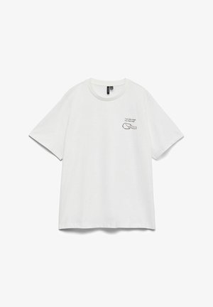 T-shirt en coton blanc à manches courtes, col rond, avec un imprimé graphique noir représentant des mains et du texte sur la partie gauche de la poitrine.