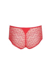 Sous-vêtements féminins rouges avec un motif en dentelle géométrique et un panneau en tissu uni au centre devant, présentés sur un fond blanc.