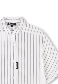 Korte mouwen witte shirt met zwarte verticale strepen, knoopsluiting en DKNY-logo label. Gemaakt van een gladde stof. Classic kraagontwerp.