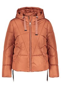 Svetle hnědé zateplené sako s kapucí, předním zipem, šikmými bočními kapsami a šňůrkami na kapuci a lemu.