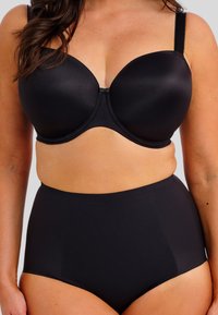 Conjunto de sujetador negro sin costuras y braguitas de cintura alta, con una textura suave, soporte con aros y tirantes ajustables para un ajuste seguro.