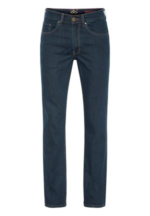 Dunkelblaue Denim-Jeans mit geradem Bein, goldener Ziernaht, vorderen Taschen und Reißverschluss. Verfügt über einen Knopfverschluss und eine robuste Stofftextur.