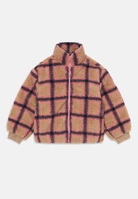 Beige- und rosafarbene Fleecejacke mit schwarzem Karomuster, durchgehendem Reißverschluss, hohem Kragen und gerippten Bündchen an den Ärmeln.