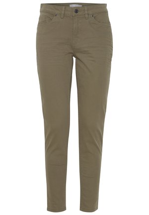 Khaki džínsy so slim fit strihom, vyrobené z mäkkej bavlny, s piatimi vreckami, zapínaním na gombík a jemnými švovými detailmi.