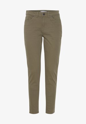 Khaki jeans in a slim fit, made of soft cotton, featuring five pockets, a button closure, and subtle stitching details along the seams.