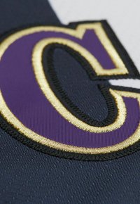 Lettera "C" ricamata in viola circondata da filo dorato su uno sfondo di tessuto scuro, che mette in mostra dettagli di cucitura e texture distintivi.