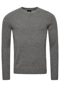 Grauer, langärmeliger Strickpullover mit Rundhalsausschnitt, gerippten Bündchen und Saum, aus weichem strukturiertem Stoff gefertigt.