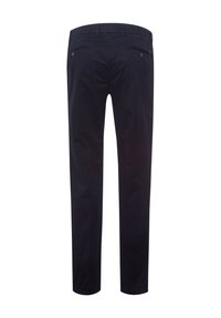 Pantaloni in cotone blu navy con design a gamba dritta, due tasche posteriori con bottoni e una consistenza liscia.