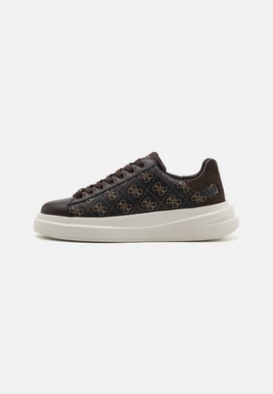 Brown patterned sneaker with embossed logo, smooth leather and suede accents, thick white sole, and round toe design.
