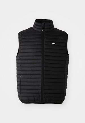 Svart polstret ermeløs vest med høy krage, frontglidelås og sidelommer. Har horisontalt quiltet design og liten logo på brystet.