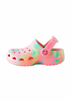 Colorful slip-on clog featuring a marbled pattern of pink, green, and blue, with ventilation holes and a back strap for secure fit.