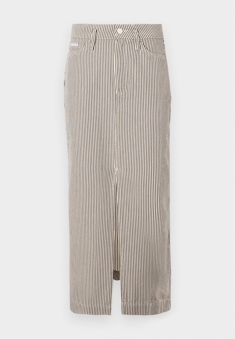 Jupe midi rayée en beige clair et marron foncé, fabriquée en coton, avec une fente sur le devant et des passants de ceinture. Design classique et coupe ajustée.