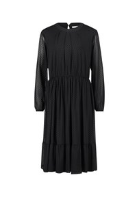 Schwarz langärmliges Kleid aus durchsichtigen Stoff mit gepunktetem Muster, mit gerafftem Taillenbund und einem mehrlagigen Rüschensaum. Detail mit Schlüsselloch-Ausschnitt hinten.