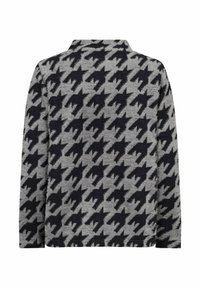 Hallgray pullover, mille houndstooth mustriga, tekstuurse riide, krae disainiga ja pikkade varrukatega.