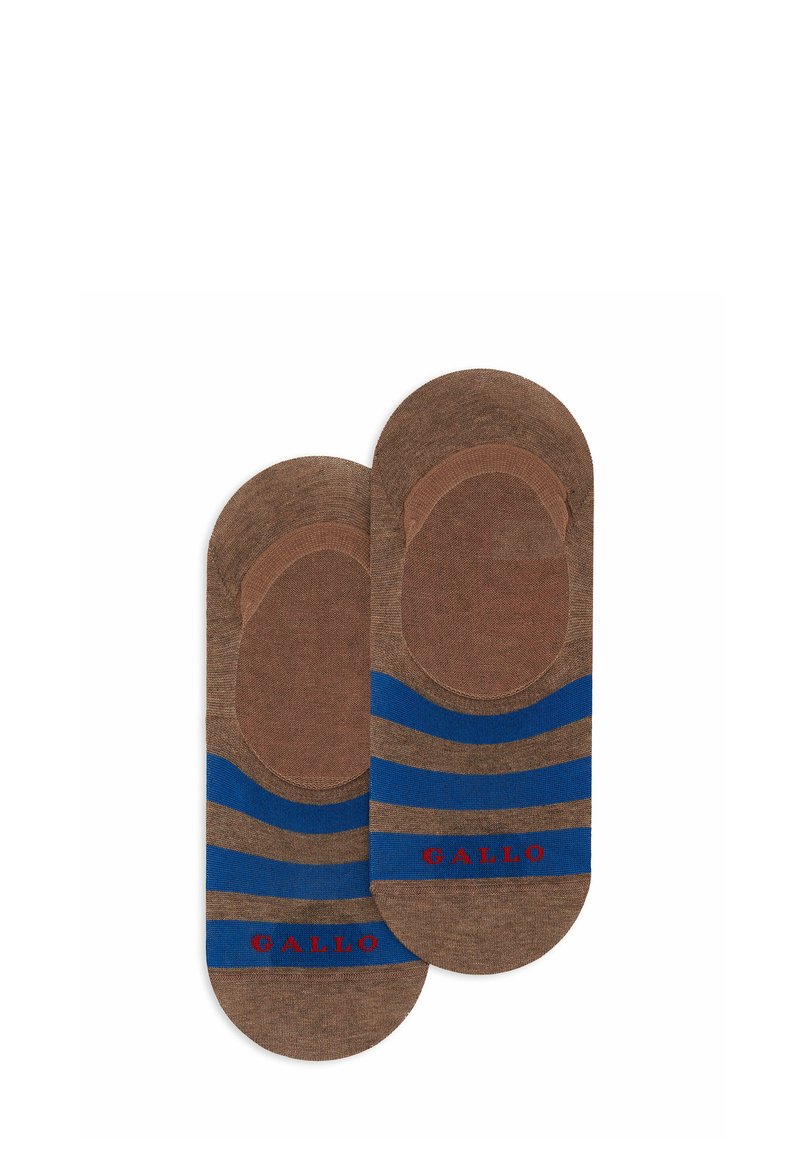 Calze marroni con strisce blu e testo rosso "Gallo". Texture liscia e design alla caviglia con punta arrotondata.