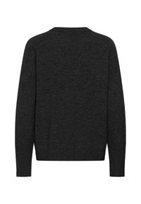 Dunkelgrauer Strickpullover mit rundem Ausschnitt, langen Ärmeln und leicht lockerem Schnitt, mit gerippten Bündchen an Ärmelenden und Saum.