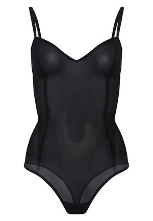Body nero con scollo a V, spalline sottili e design aderente. Realizzato in tessuto trasparente con una consistenza liscia e cuciture rinforzate.