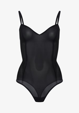 Schwarzer Jumpsuit mit V-Ausschnitt, dünnen Trägern und tailliertem Design. Hergestellt aus transparenter, glatter Stoffqualität mit verstärkten Nähten.