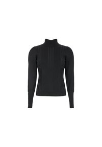 Pull en tricot noir à col roulé avec des manches longues, présentant des détails côtelés et des épaules bouffantes pour une texture et un design supplémentaires.