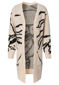 Pletený kardigan v béžové barvě s černými abstraktními vzory, otevřený vpředu, s dvěma kapsami a žebrovanými manžetami. Měkká textura a uvolněný střih.