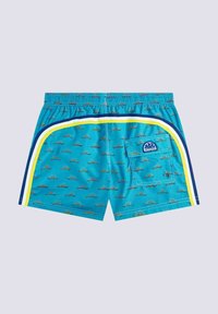 Costumi da bagno turchesi con motivo di barche, dotati di una vita elastica, strisce laterali blu e gialle e una tasca sul retro.