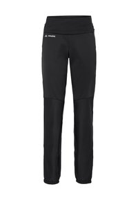 Pantalons techniques noirs en tissu flexible avec une taille élastique, présentant des jambes effilées et des poignets élastiques pour un ajustement réglable.