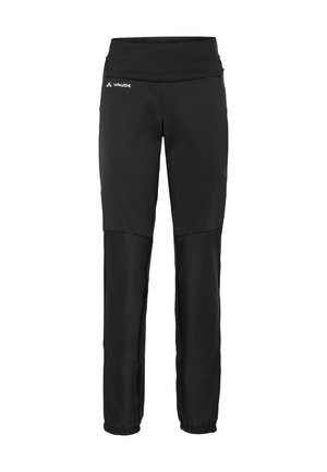 Zwarte technische broek van flexibel materiaal met een brede tailleband, met taps toelopende benen en elastische boorden voor een verstelbare pasvorm.