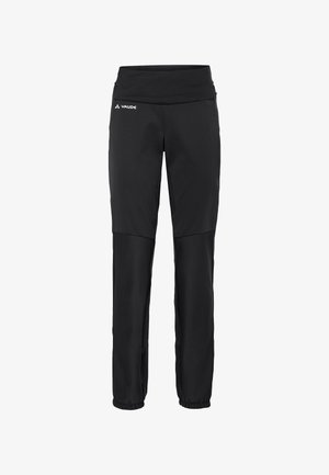 Pantaloni tecnici neri realizzati in tessuto flessibile con una cintura larga, dotati di gambe affusolate e polsini elasticizzati per una vestibilità regolabile.