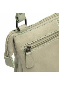 Borsa in pelle verde chiaro con superficie texturizzata, caratterizzata da cuciture a contrasto, una tasca con zip e dettagli in metallo.