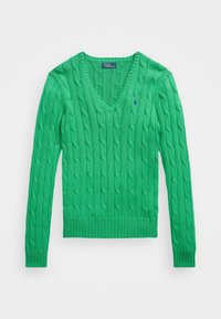 Suéter verde de punto trenzado con escote en V, dobladillo y puños de canalé. Presenta un pequeño logo en el pecho. Hecho de un material de punto texturizado.