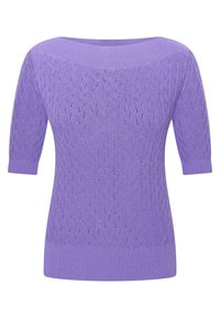 Purple knitted sweater featuring a wave pattern, three-quarter length sleeves, and a ribbed hem. Lightweight texture.